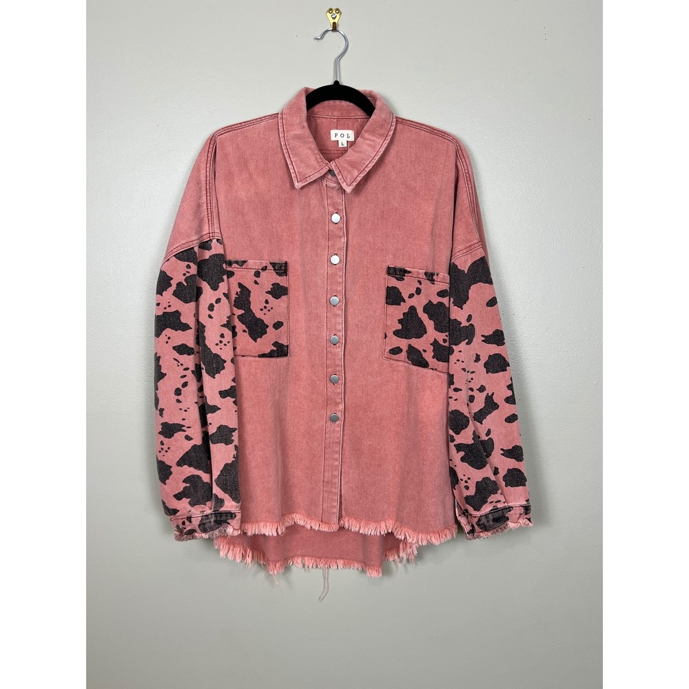 POL Salmon Pink Cow Print Denim Shacket Star Patch Frayed‎ Hem SMJ172 Large